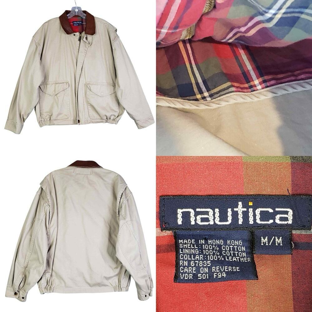 Vintage Nautica Jacket Coat Men’s Size Medium M Beige Leather Collar Plaid Lined